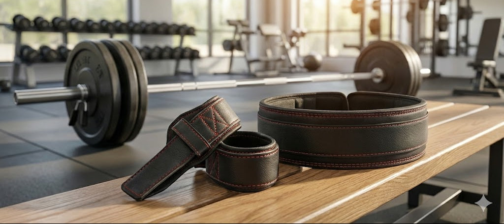 Barbell, weight plates, and lifting straps on a wooden bench in a gym setting.